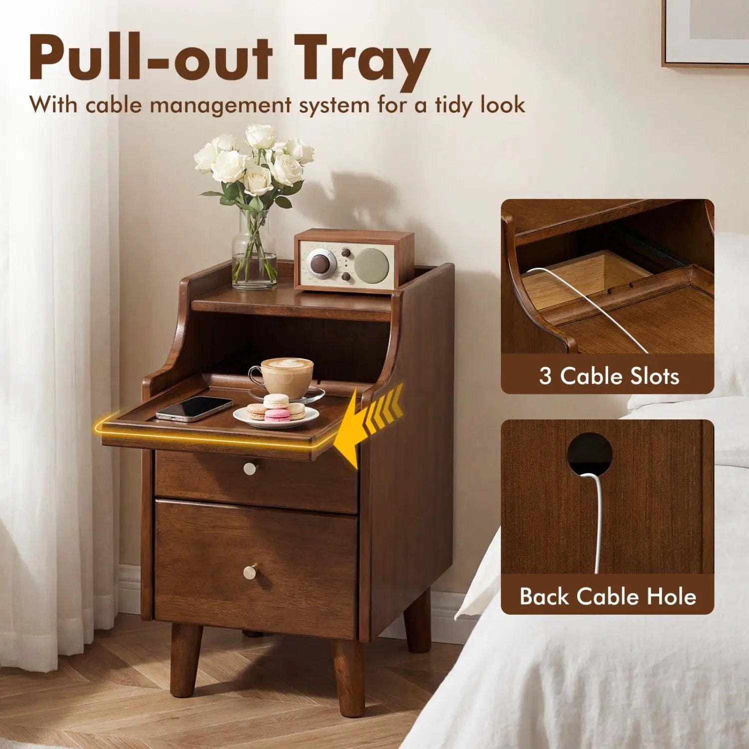 Wood Nightstand with Drawers and Solid Wood Legs for Bedroom by DirectDeals