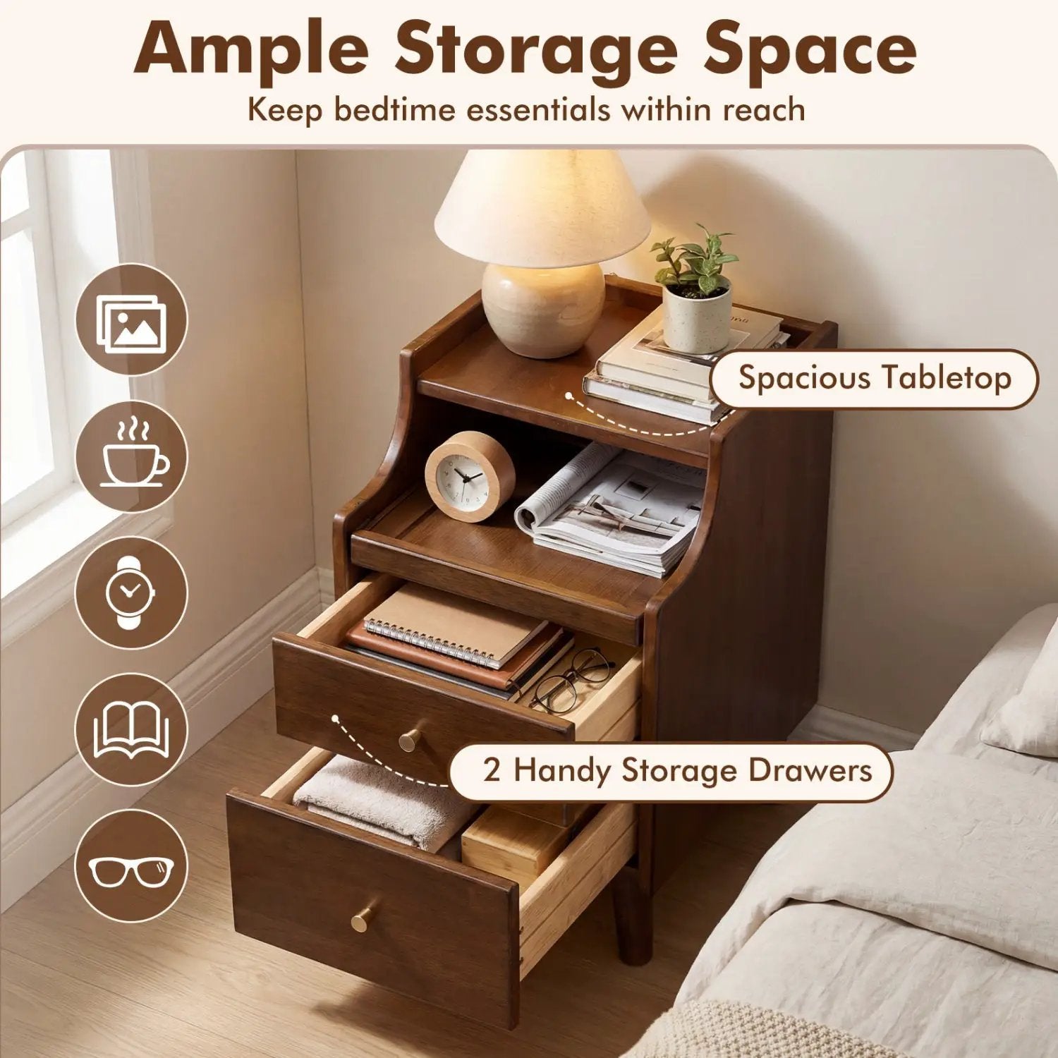 Wood Nightstand with Drawers and Solid Wood Legs for Bedroom by DirectDeals