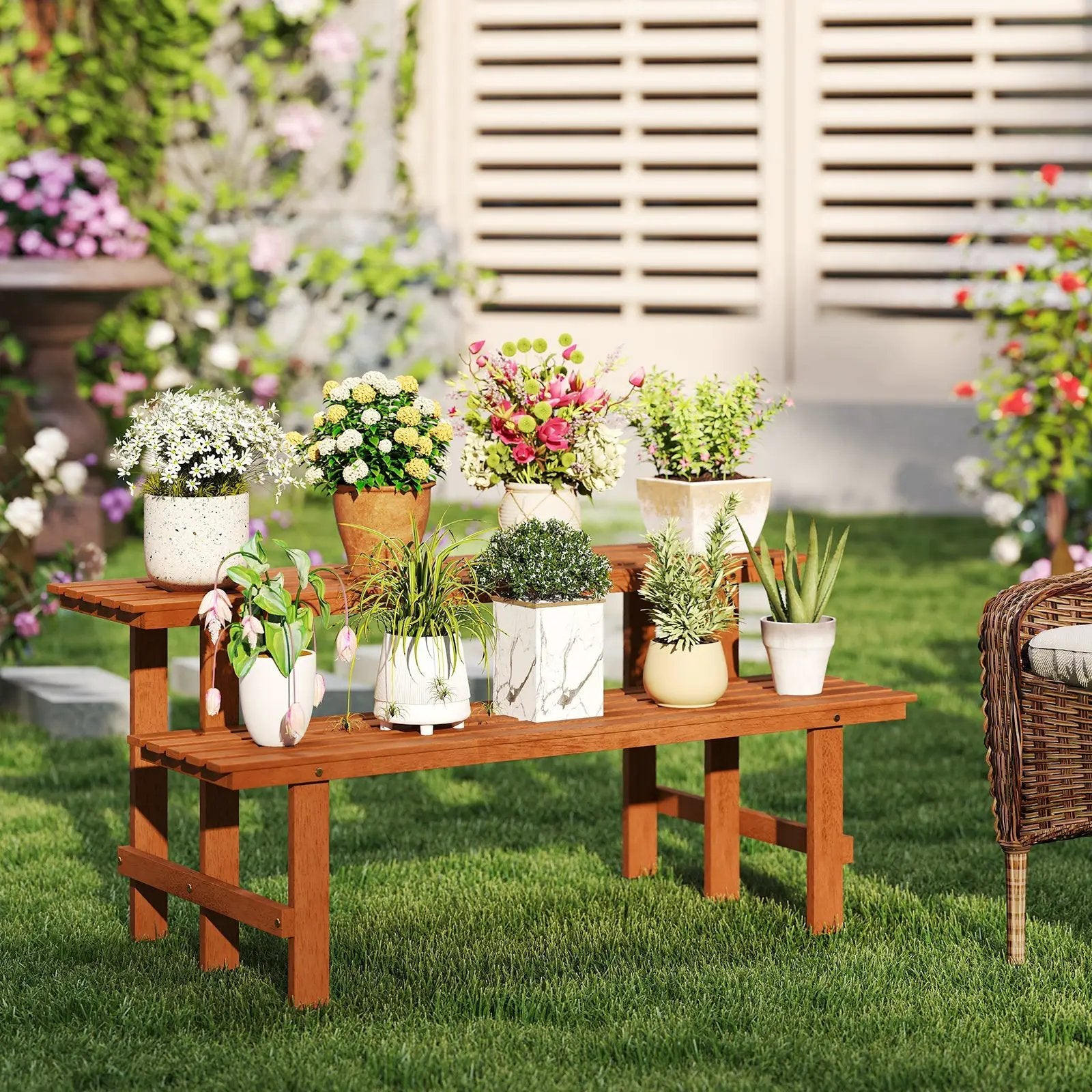 2-Tier Wood Plant Stand Ladder Plant Shelf for Indoor Outdoor by DirectDeals