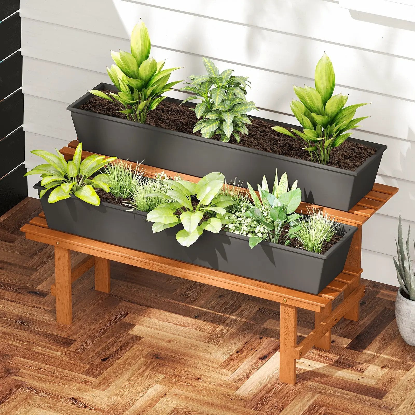 2-Tier Wood Plant Stand Ladder Plant Shelf for Indoor Outdoor by DirectDeals