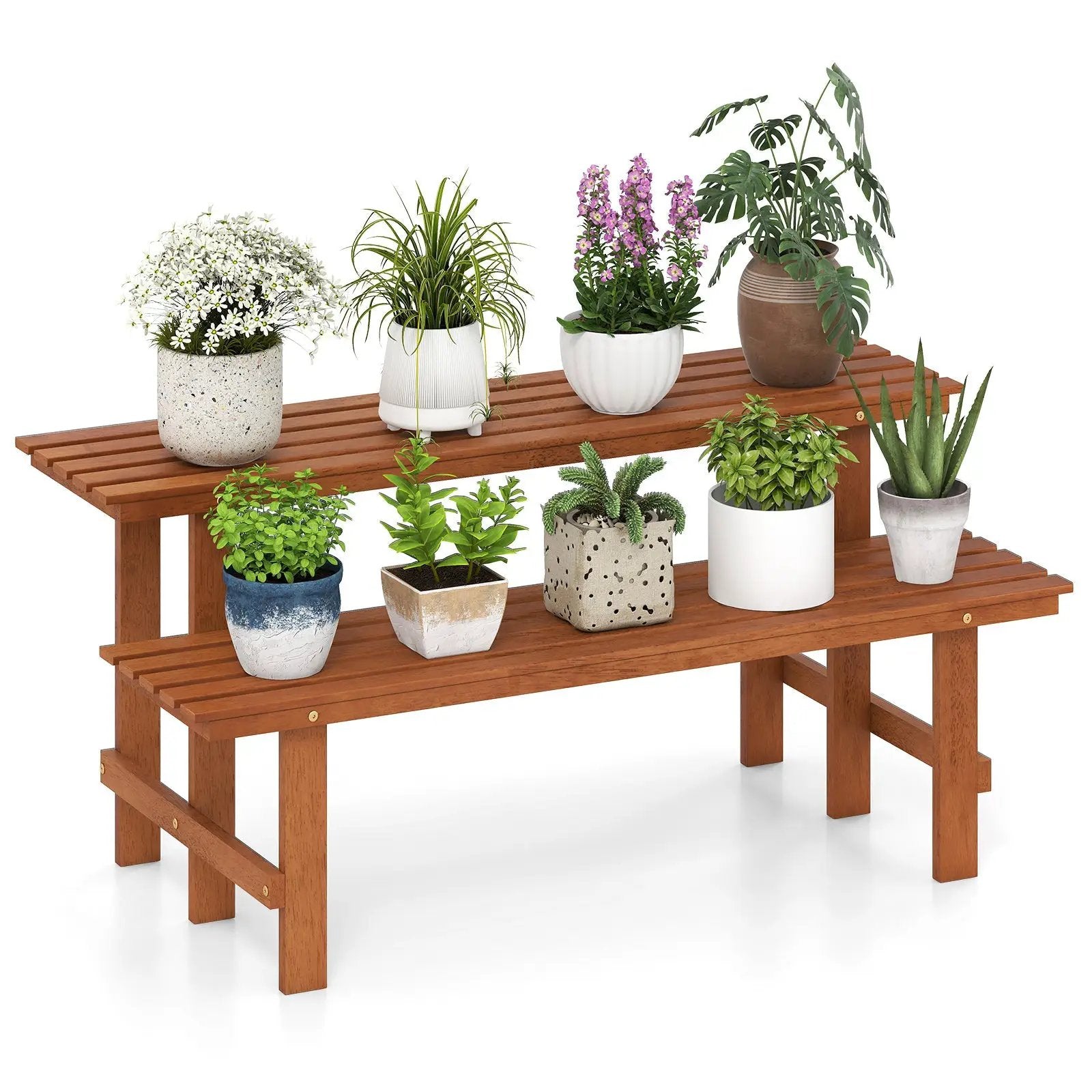 2-Tier Wood Plant Stand Ladder Plant Shelf for Indoor Outdoor by DirectDeals