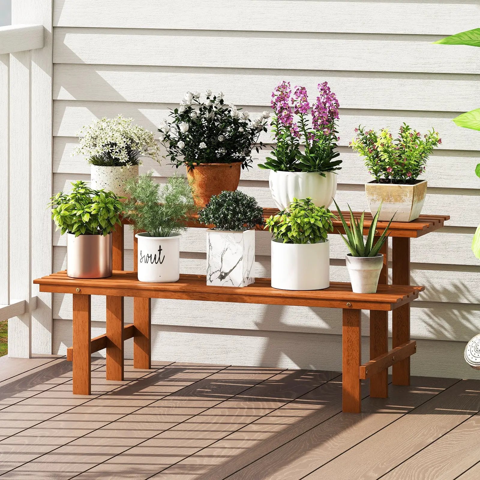 2-Tier Wood Plant Stand Ladder Plant Shelf for Indoor Outdoor by DirectDeals