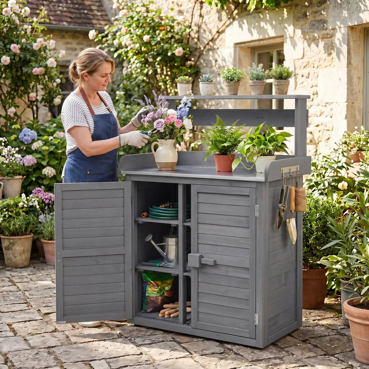 Wood Potting Bench with Stainless Steel Top and Storage by DirectDeals