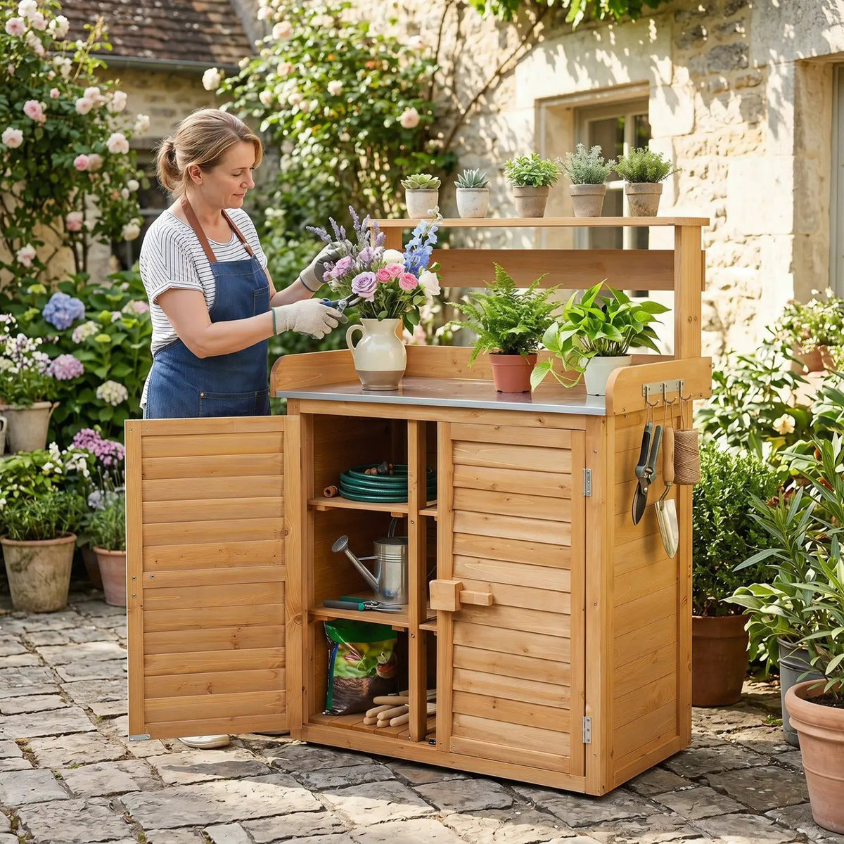 Wood Potting Bench with Stainless Steel Top and Storage by DirectDeals