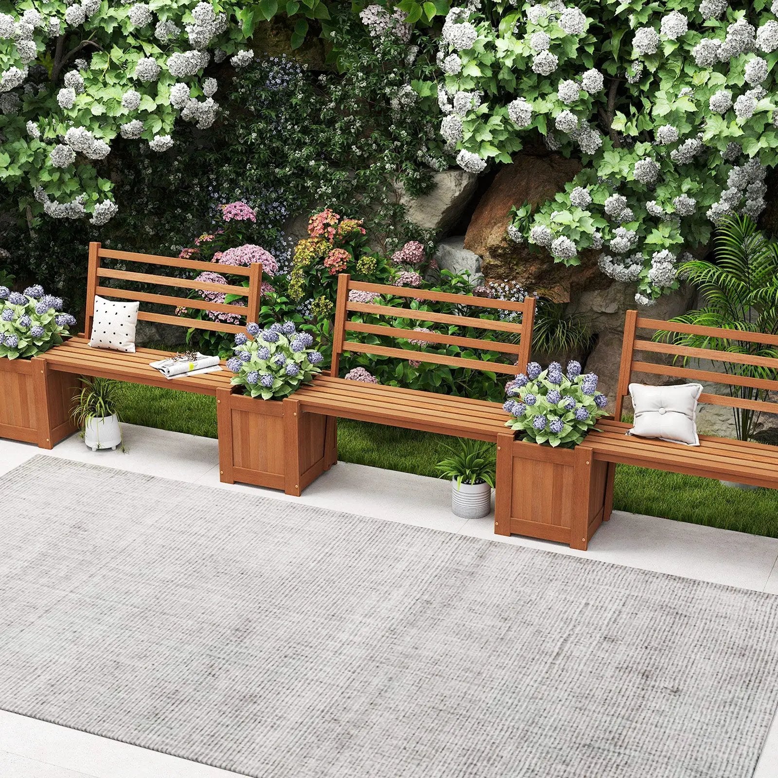 Wood Planter Box with Bench and Backrest for Garden Yard Balcony by DirectDeals