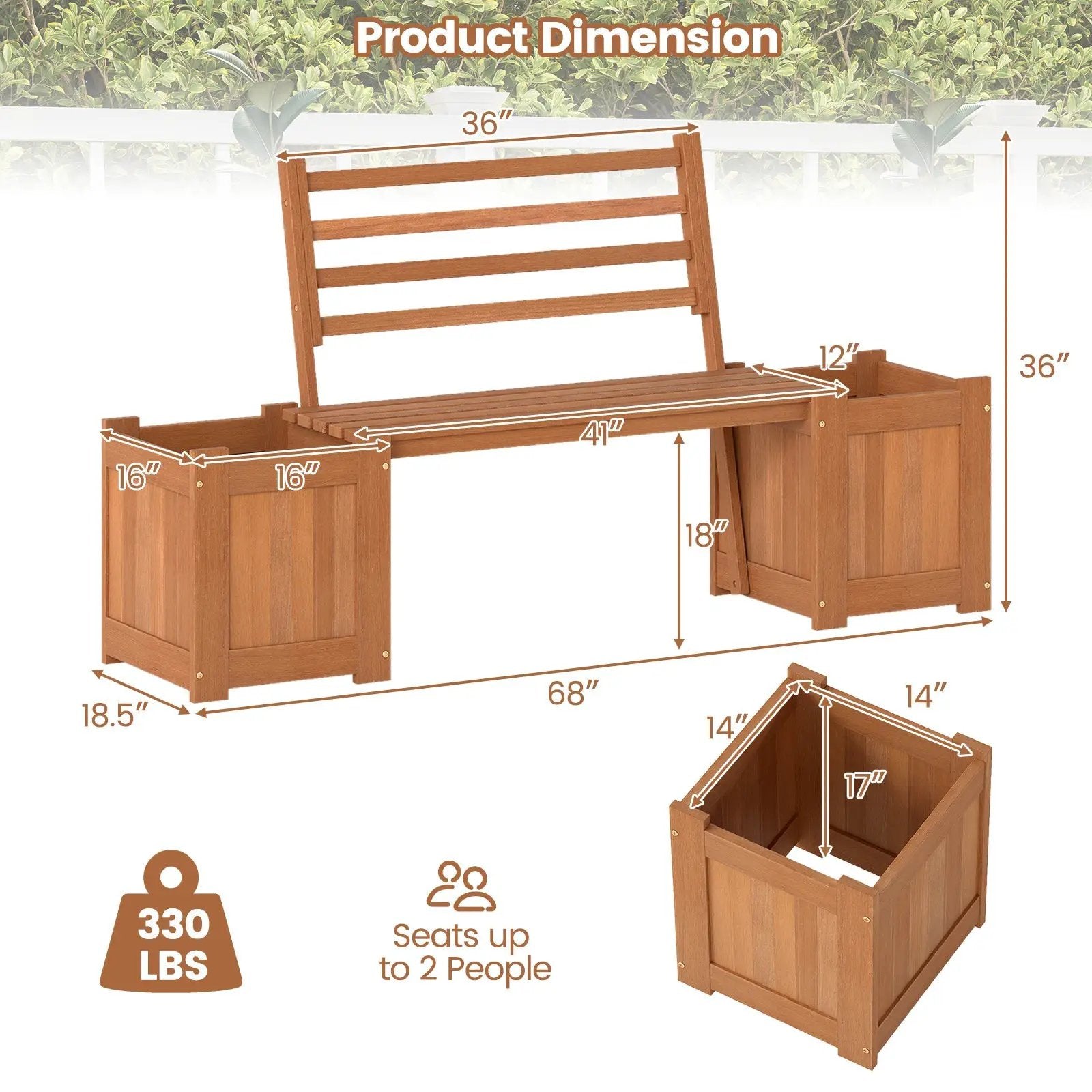 Wood Planter Box with Bench and Backrest for Garden Yard Balcony by DirectDeals