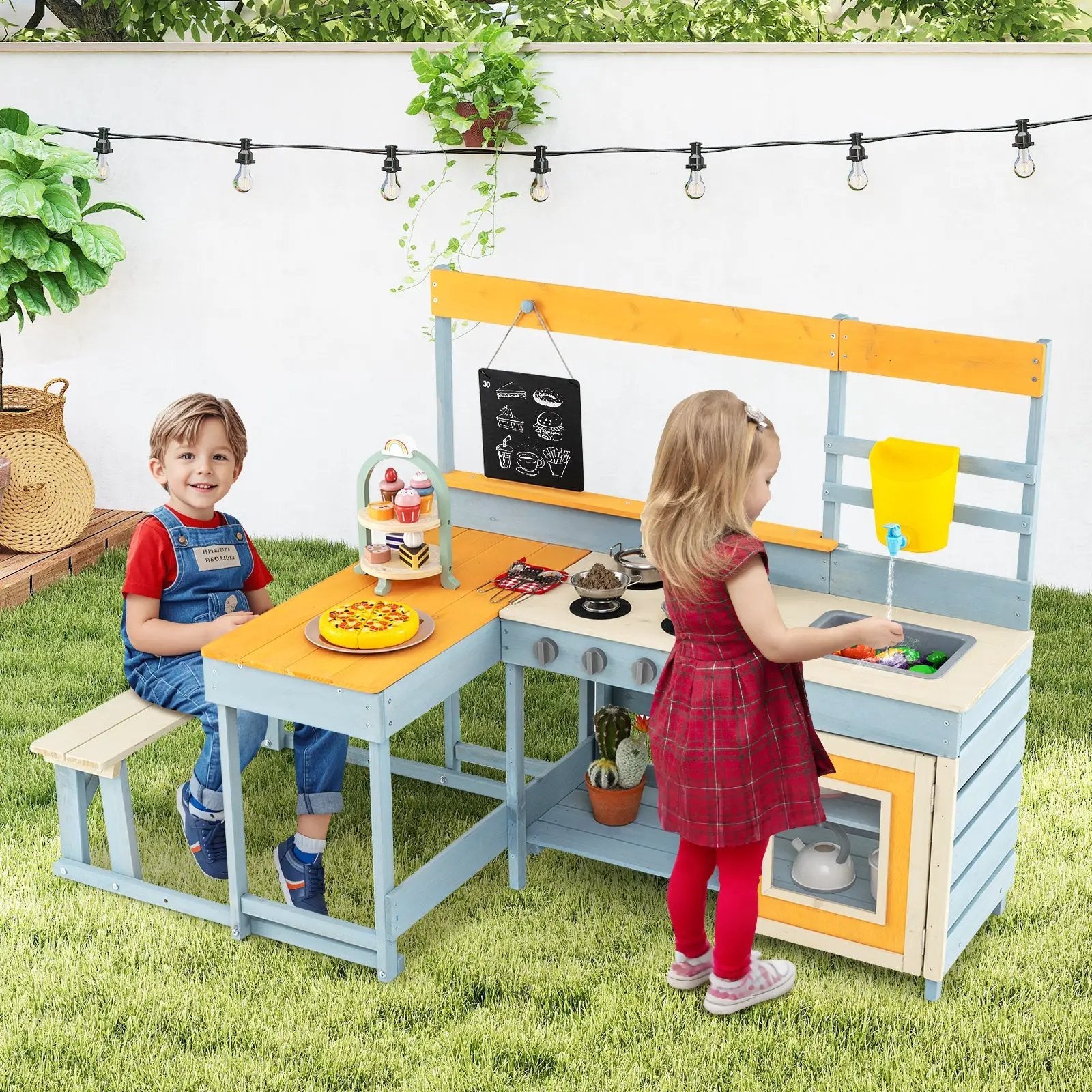 Fir Wood Play Kitchen with Kids Picnic Table and Built-in Bench-Gray by DirectDeals