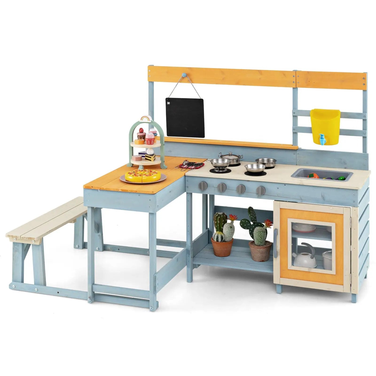 Fir Wood Play Kitchen with Kids Picnic Table and Built-in Bench-Gray by DirectDeals