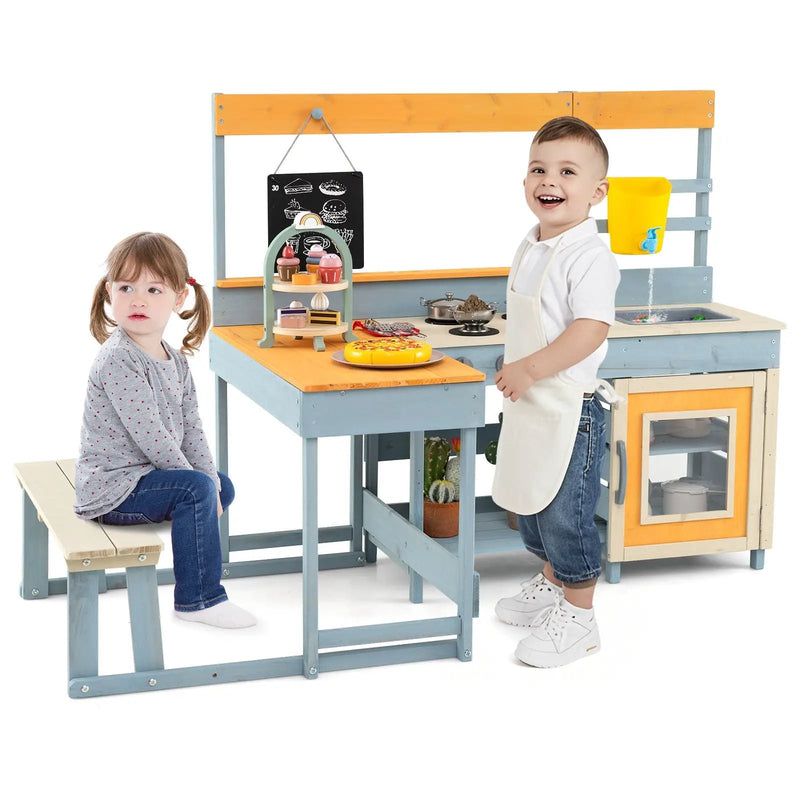 Fir Wood Play Kitchen with Kids Picnic Table and Built-in Bench-Gray by DirectDeals