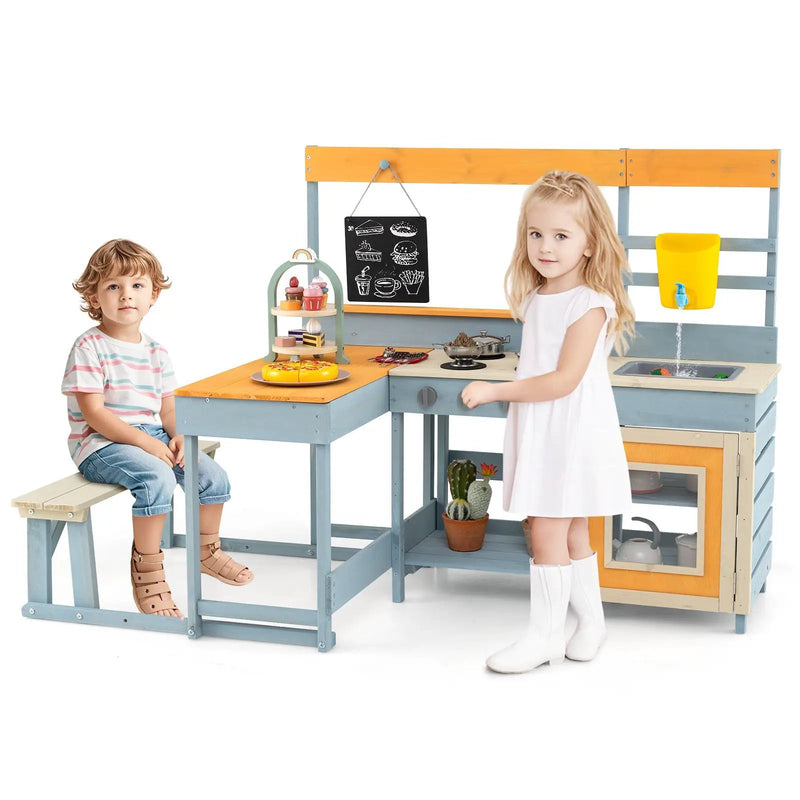 Fir Wood Play Kitchen with Kids Picnic Table and Built-in Bench-Gray by DirectDeals