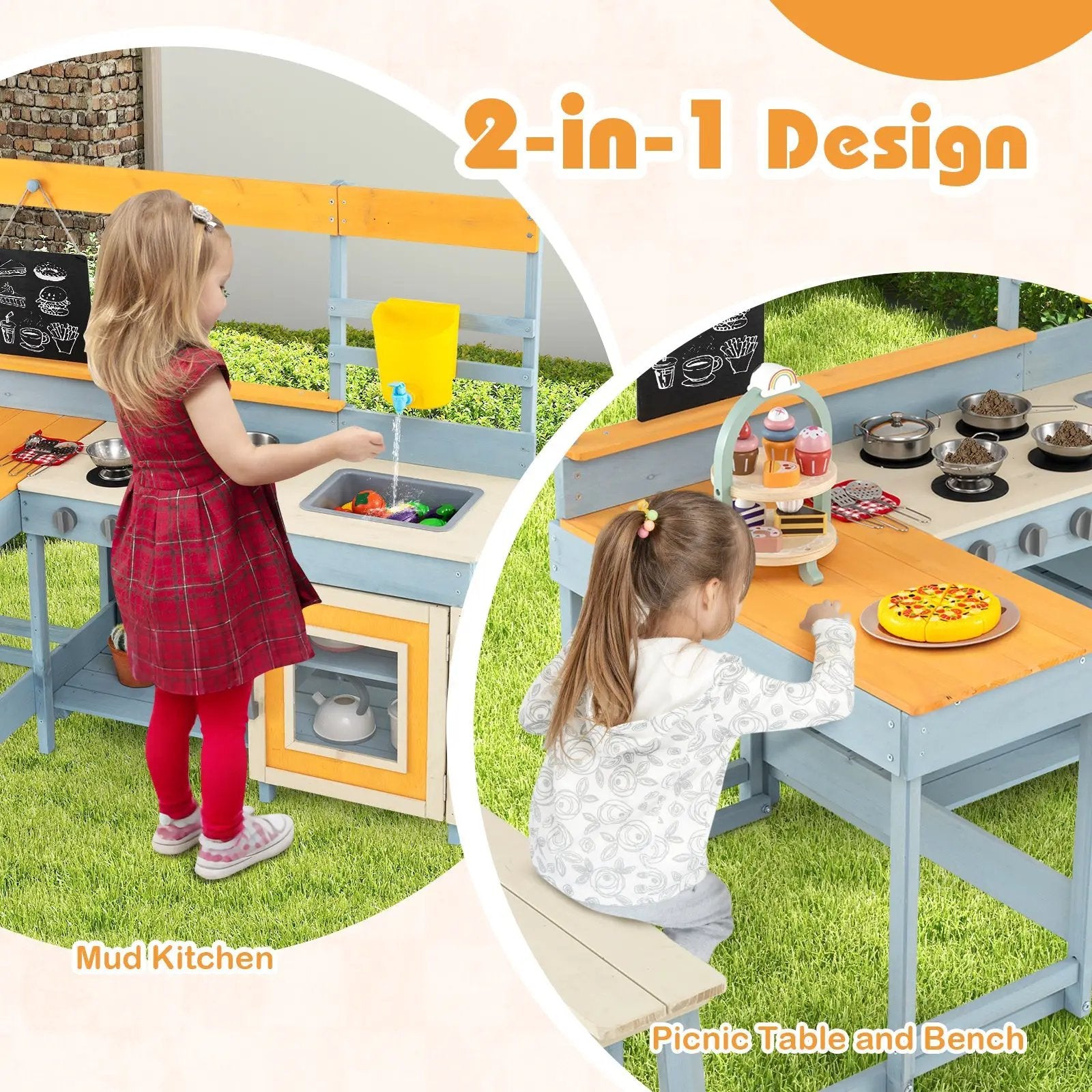 Fir Wood Play Kitchen with Kids Picnic Table and Built-in Bench-Gray by DirectDeals
