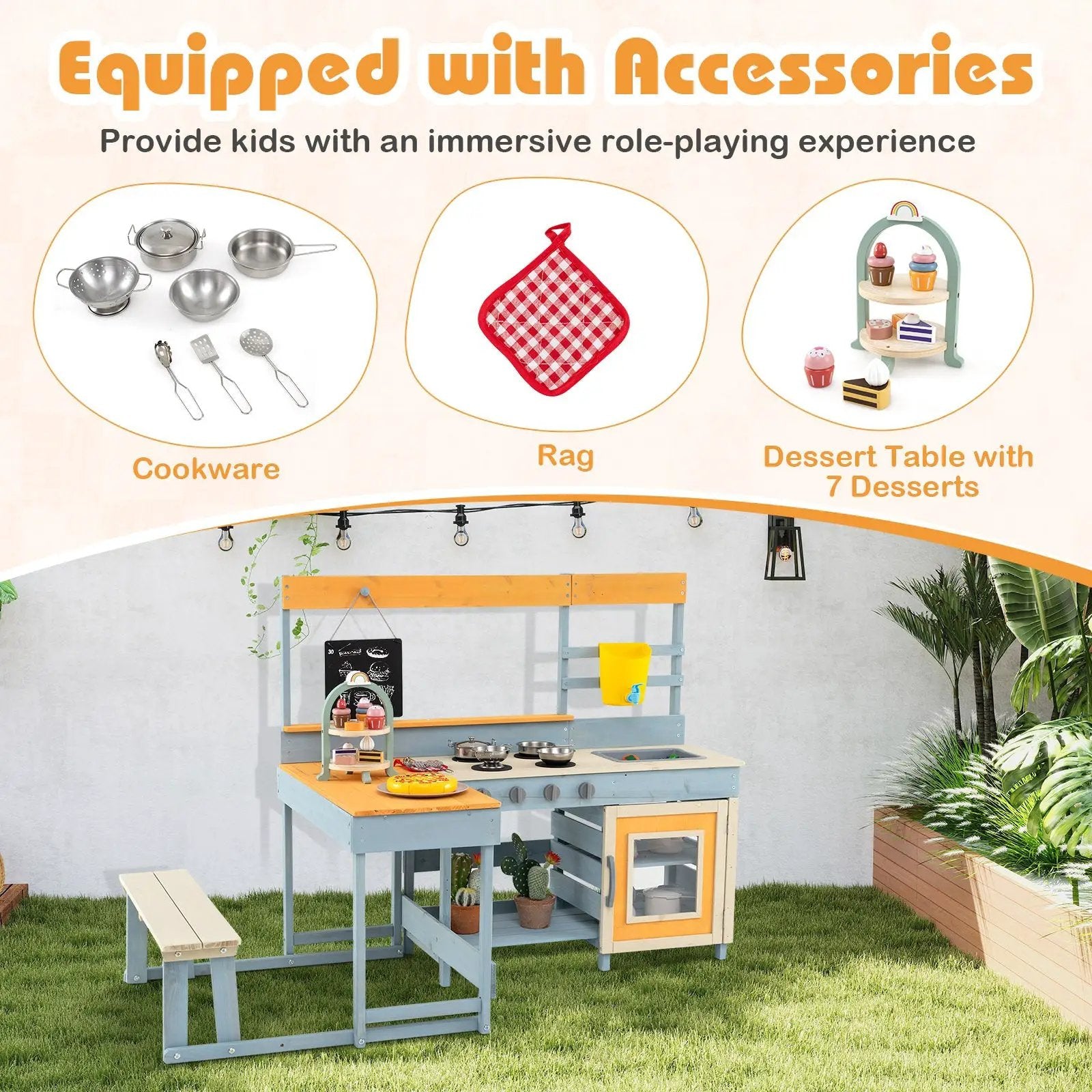 Fir Wood Play Kitchen with Kids Picnic Table and Built-in Bench-Gray by DirectDeals