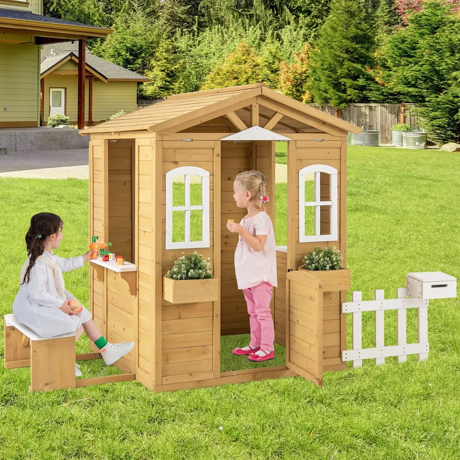 Wood Playhouse with Bench and Serving Stations for 2+ Years Old Kids by DirectDeals