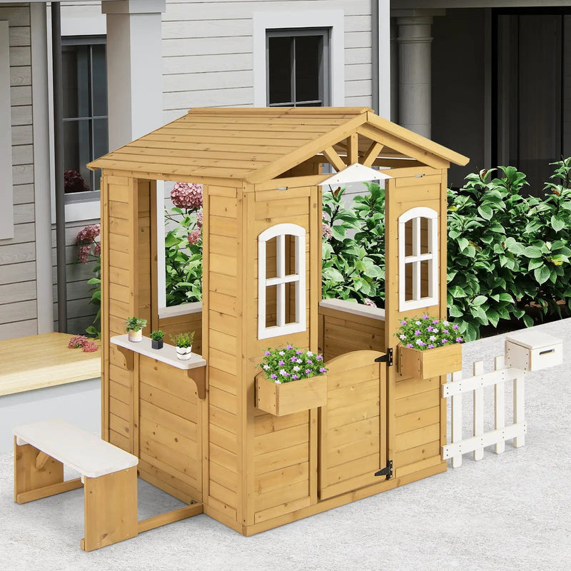 Wood Playhouse with Bench and Serving Stations for 2+ Years Old Kids by DirectDeals