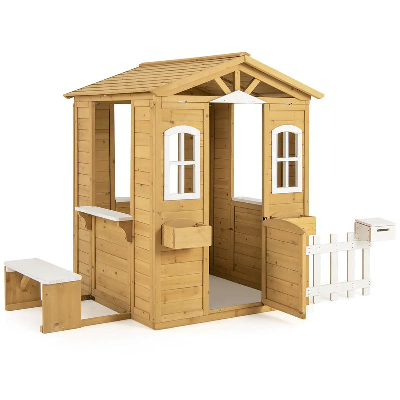 Wood Playhouse with Bench and Serving Stations for 2+ Years Old Kids by DirectDeals