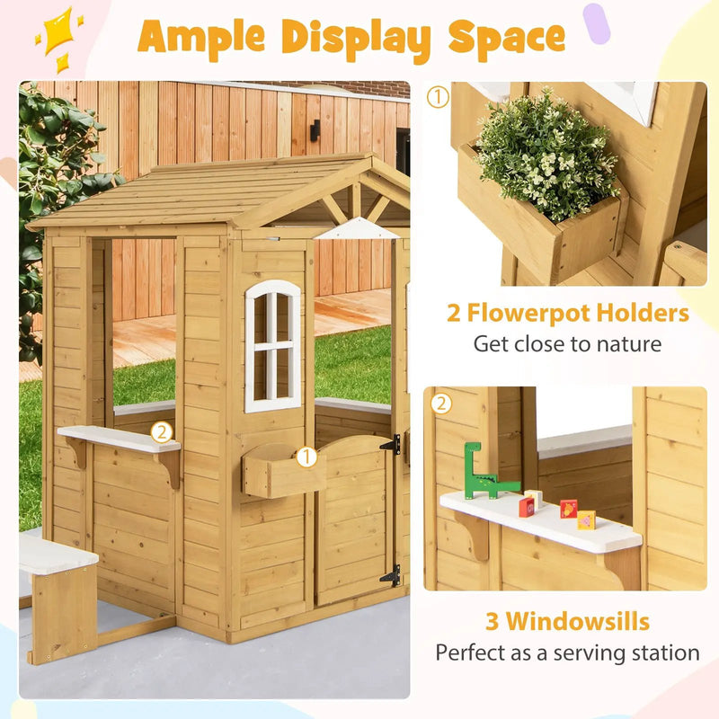 Wood Playhouse with Bench and Serving Stations for 2+ Years Old Kids by DirectDeals