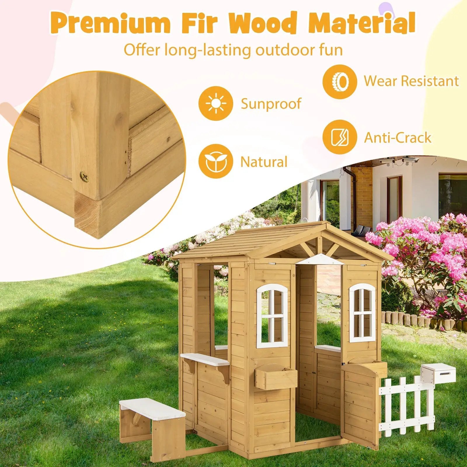 Wood Playhouse with Bench and Serving Stations for 2+ Years Old Kids by DirectDeals