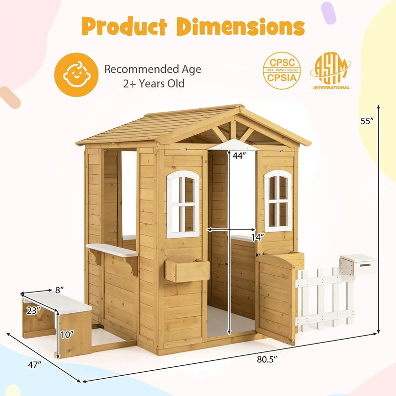 Wood Playhouse with Bench and Serving Stations for 2+ Years Old Kids by DirectDeals