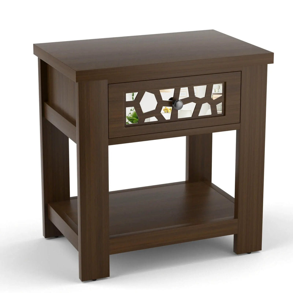 Wood Retro End Table with Mirrored Glass Drawer and Open Storage Shelf, photo 5 of 16