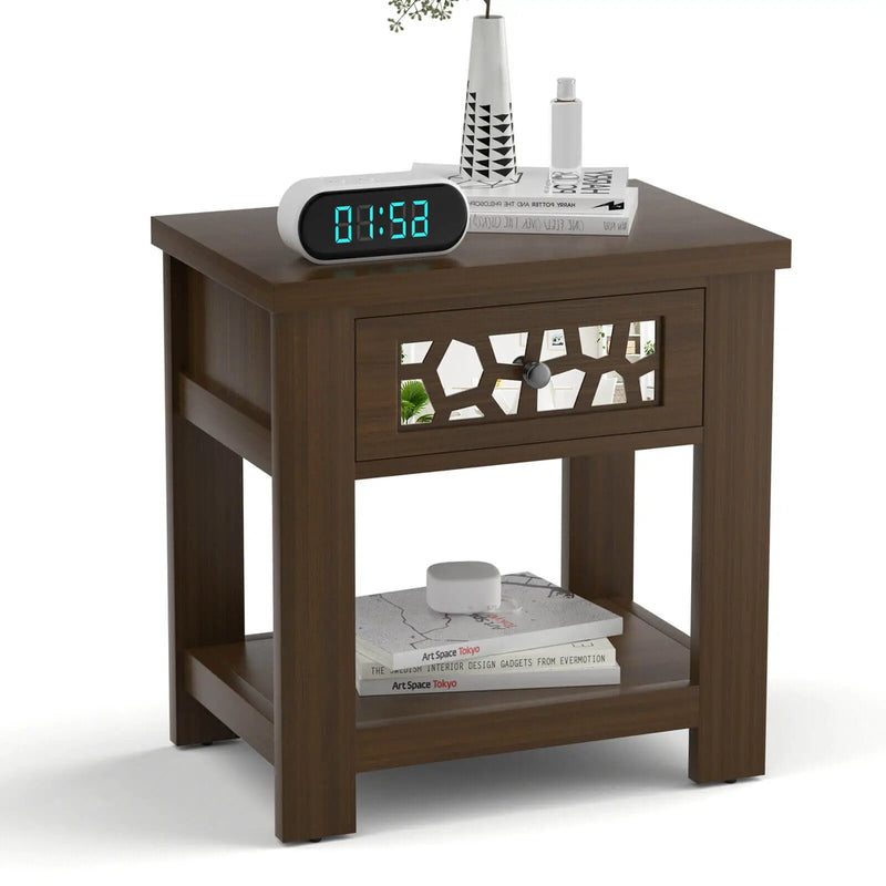 Wood Retro End Table with Mirrored Glass Drawer and Open Storage Shelf by DirectDeals