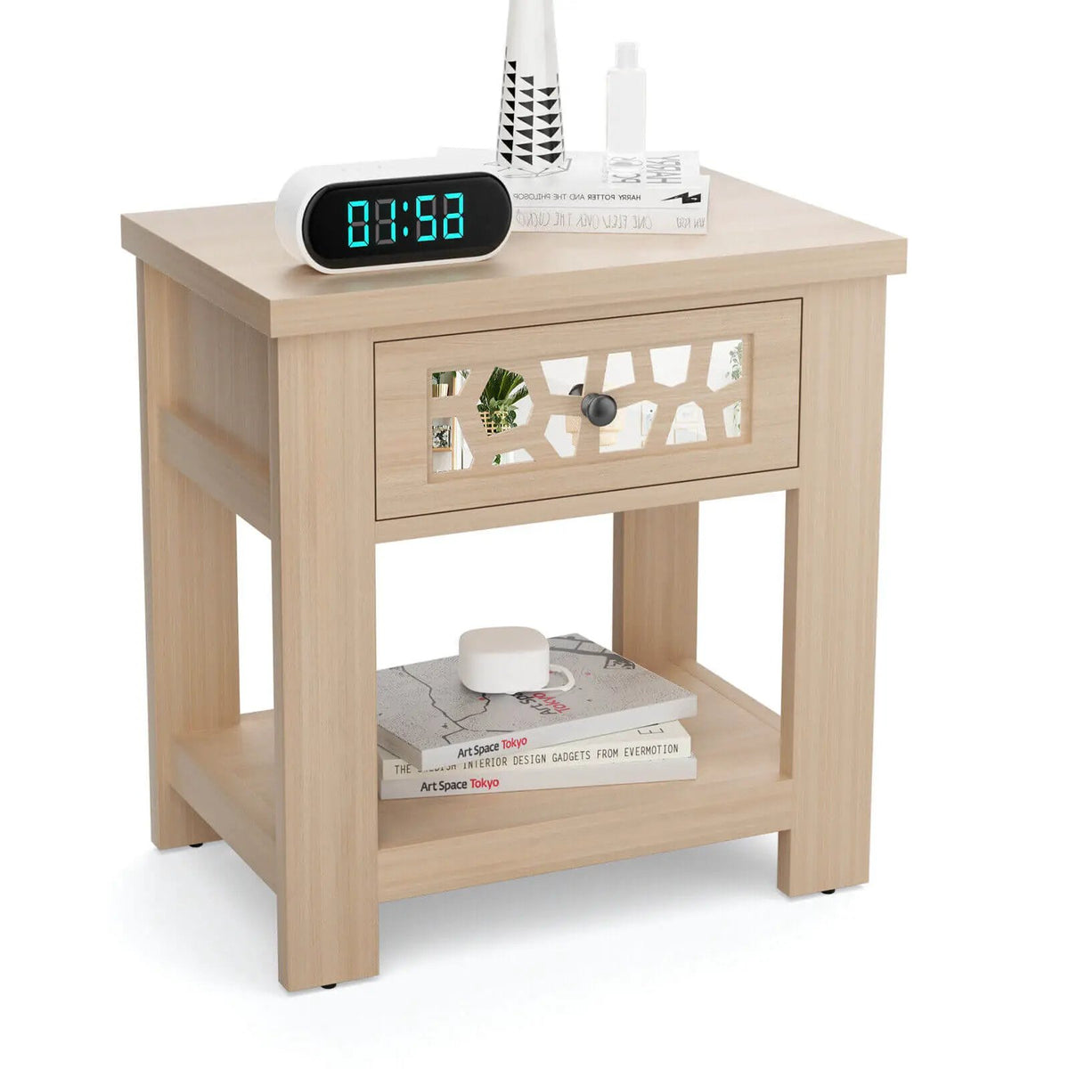 Wood Retro End Table with Mirrored Glass Drawer and Open Storage Shelf, photo 8 of 16