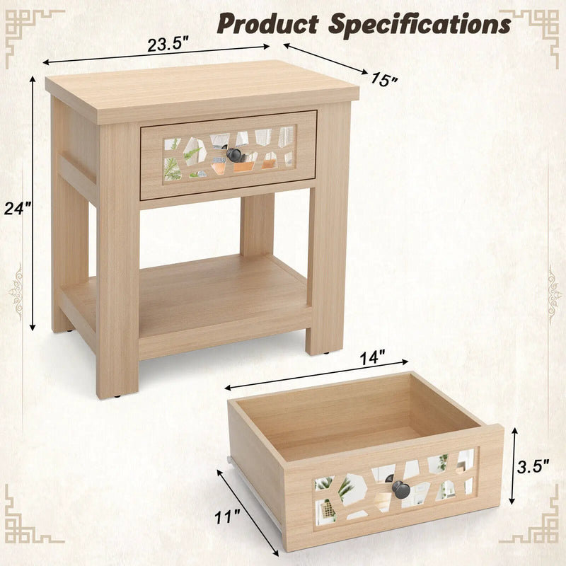 Wood Retro End Table with Mirrored Glass Drawer and Open Storage Shelf by DirectDeals