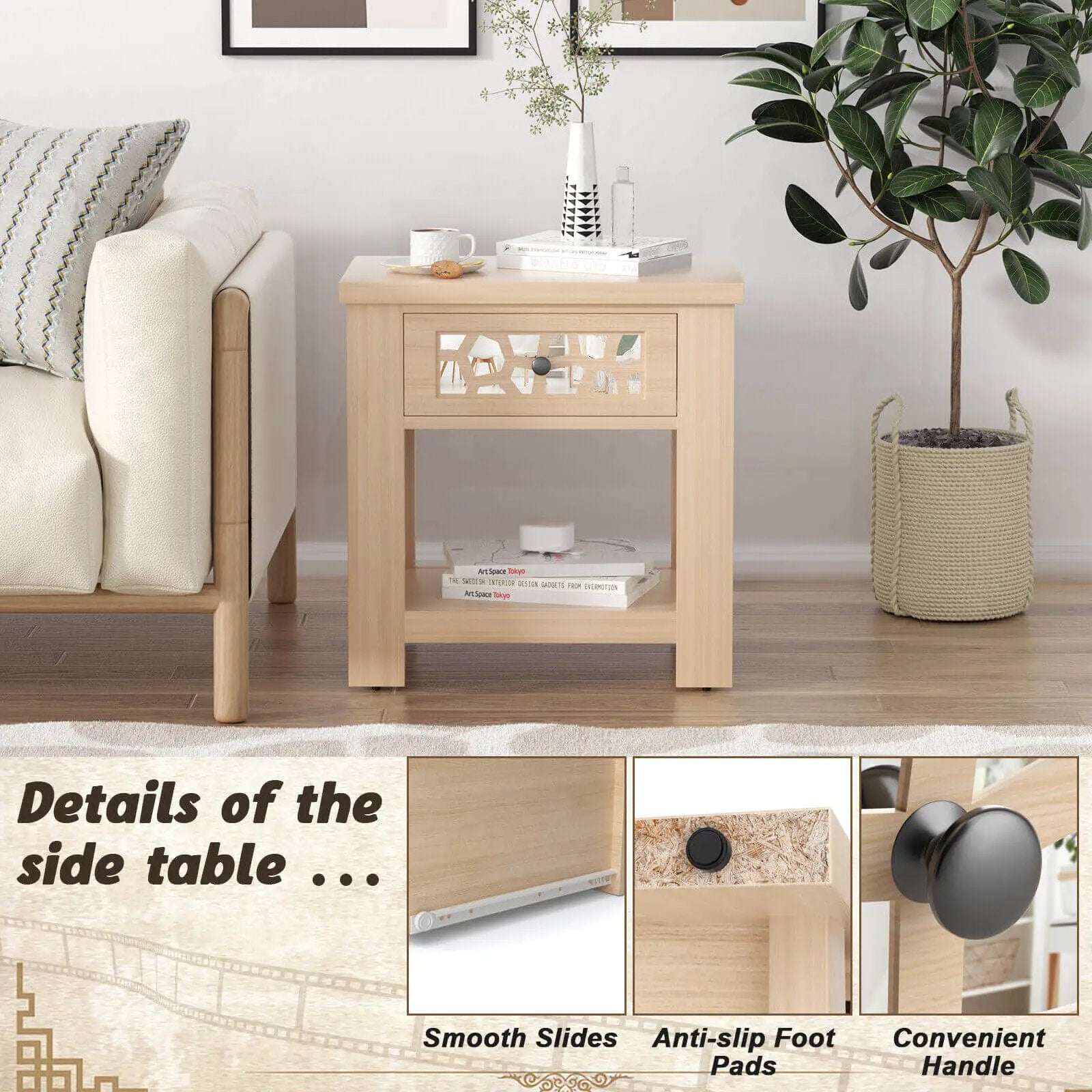 Wood Retro End Table with Mirrored Glass Drawer and Open Storage Shelf by DirectDeals