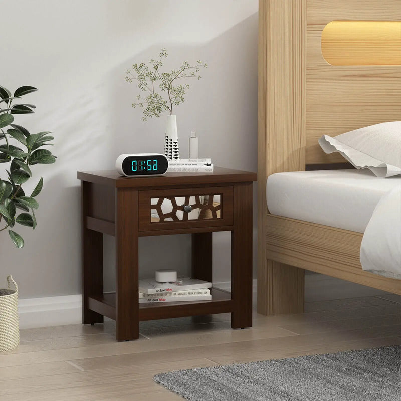 Wood Retro End Table with Mirrored Glass Drawer and Open Storage Shelf by DirectDeals