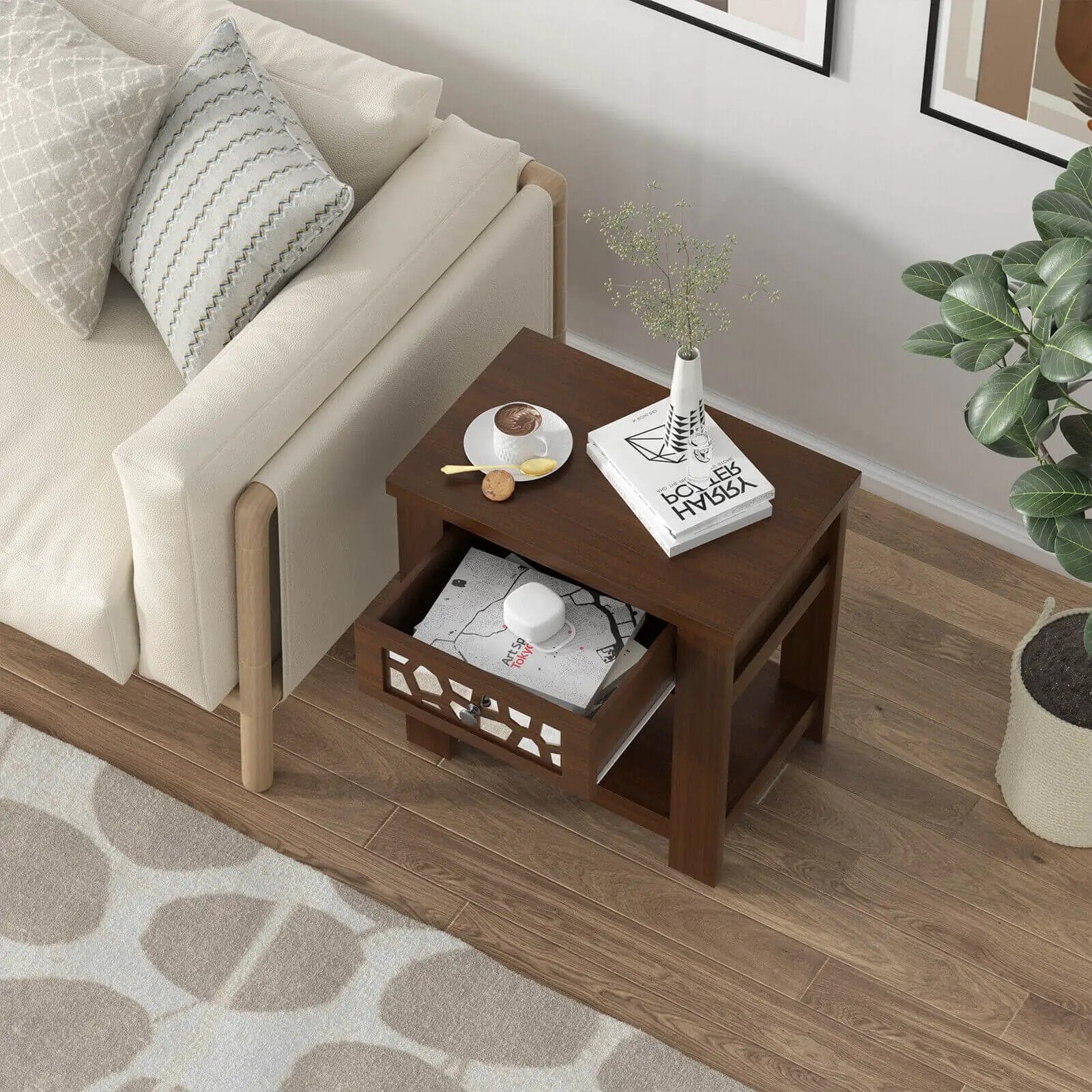 Wood Retro End Table with Mirrored Glass Drawer and Open Storage Shelf by DirectDeals