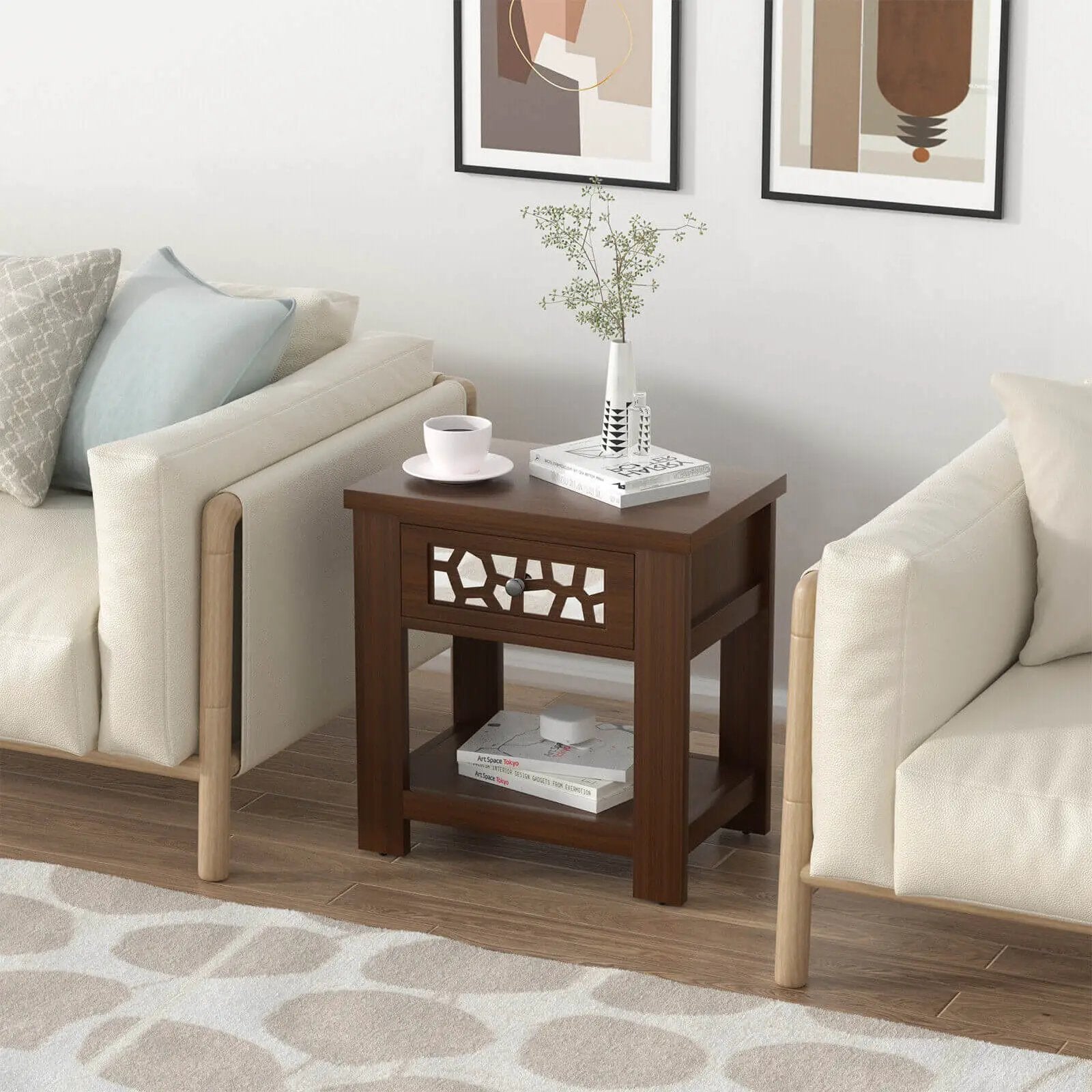 Wood Retro End Table with Mirrored Glass Drawer and Open Storage Shelf by DirectDeals