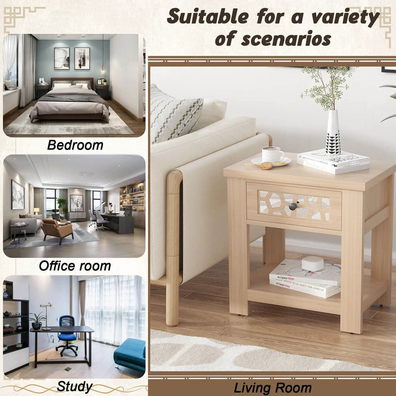 Wood Retro End Table with Mirrored Glass Drawer and Open Storage Shelf by DirectDeals