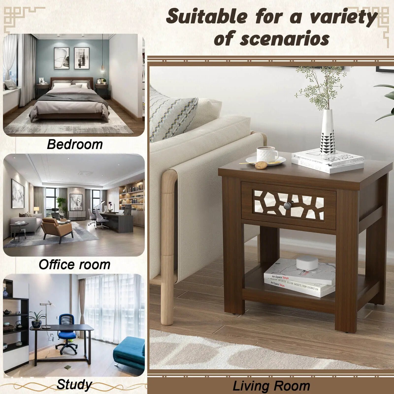 Wood Retro End Table with Mirrored Glass Drawer and Open Storage Shelf by DirectDeals