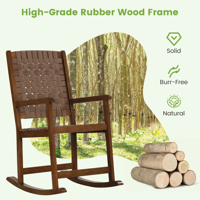Patio Wood Rocking Chair with PU Seat and Rubber Wood Frame-Brown by DirectDeals