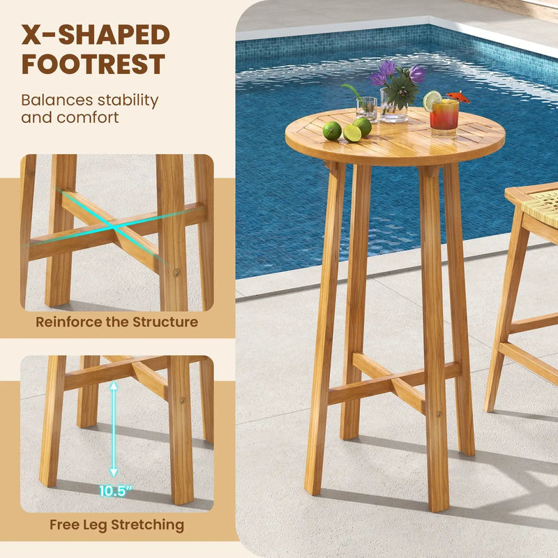 24 Inch Teak Wood Round Bar Table with Footrest for Indoors Outdoors by DirectDeals