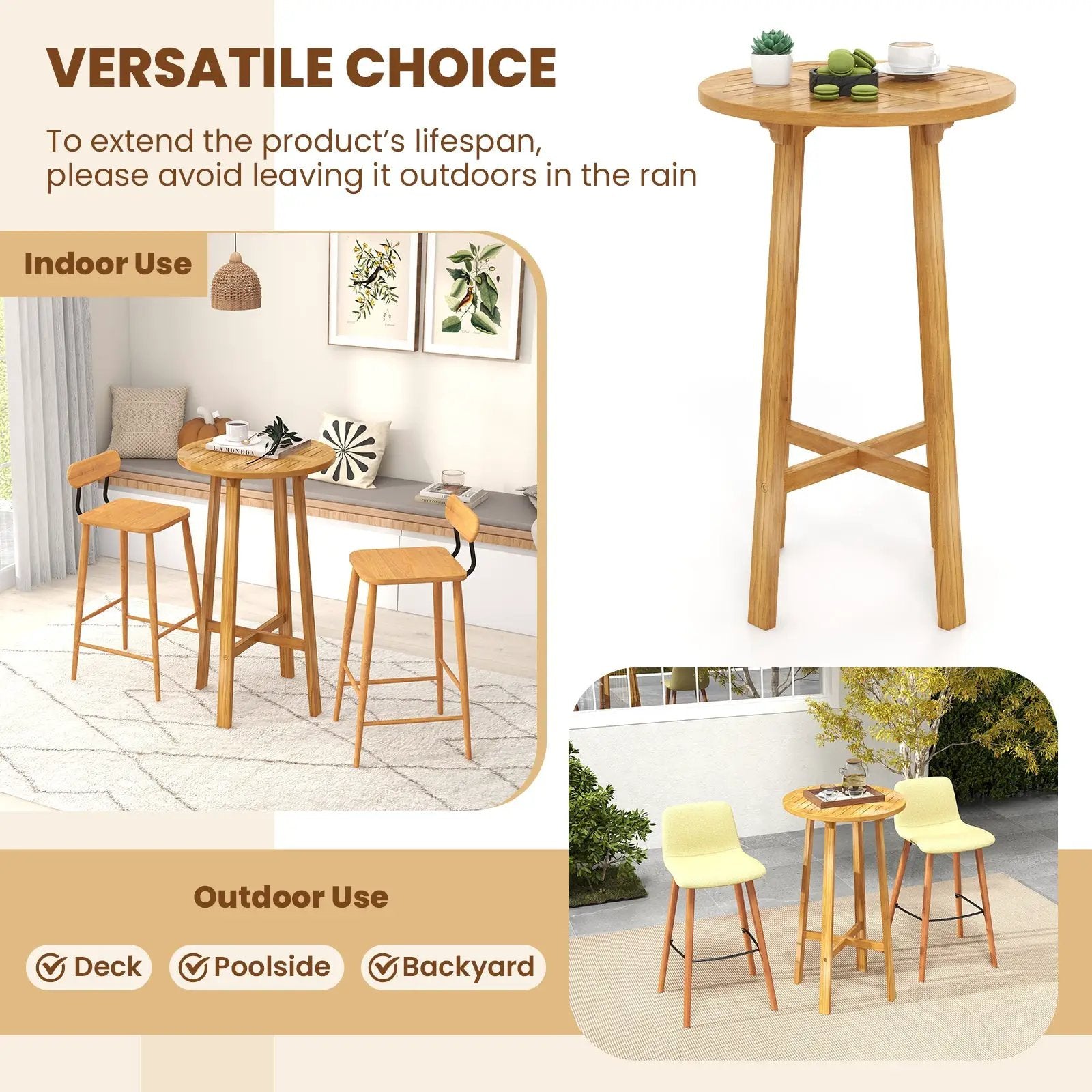 24 Inch Teak Wood Round Bar Table with Footrest for Indoors Outdoors by DirectDeals
