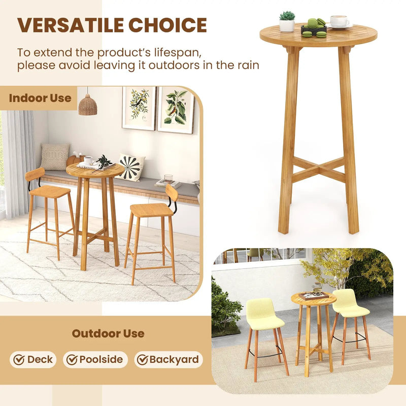 24 Inch Teak Wood Round Bar Table with Footrest for Indoors Outdoors by DirectDeals
