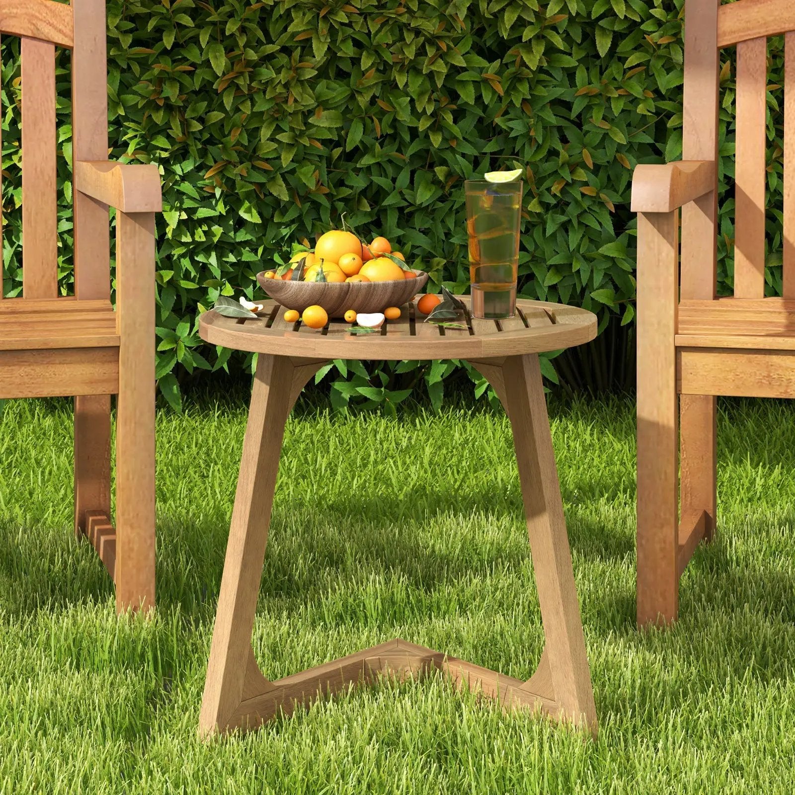Teak Wood Side Table Round Sofa End Table with Slatted Tabletop by DirectDeals