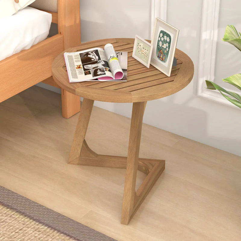 Teak Wood Side Table Round Sofa End Table with Slatted Tabletop by DirectDeals