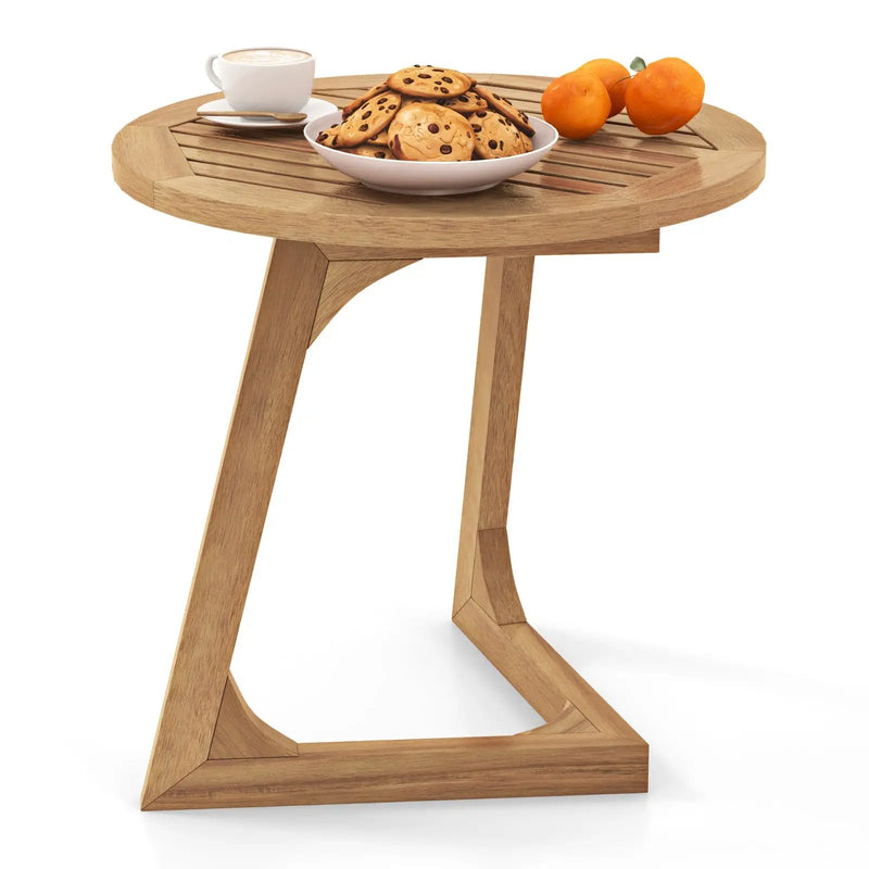 Teak Wood Side Table Round Sofa End Table with Slatted Tabletop by DirectDeals