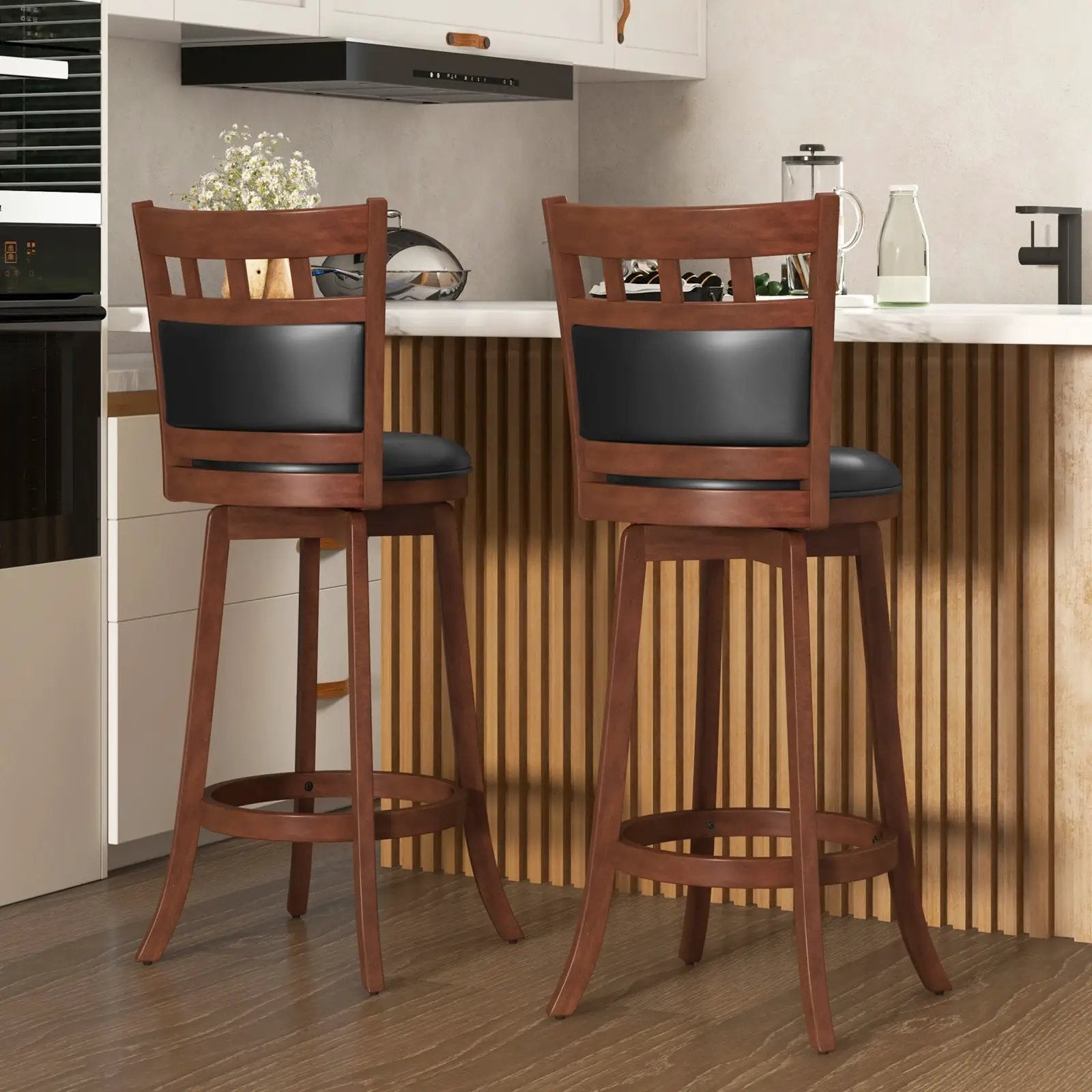 Wood Swivel Bar Stools Set of 2 with Faux Leather Upholstered Seat and Back-Brown by DirectDeals