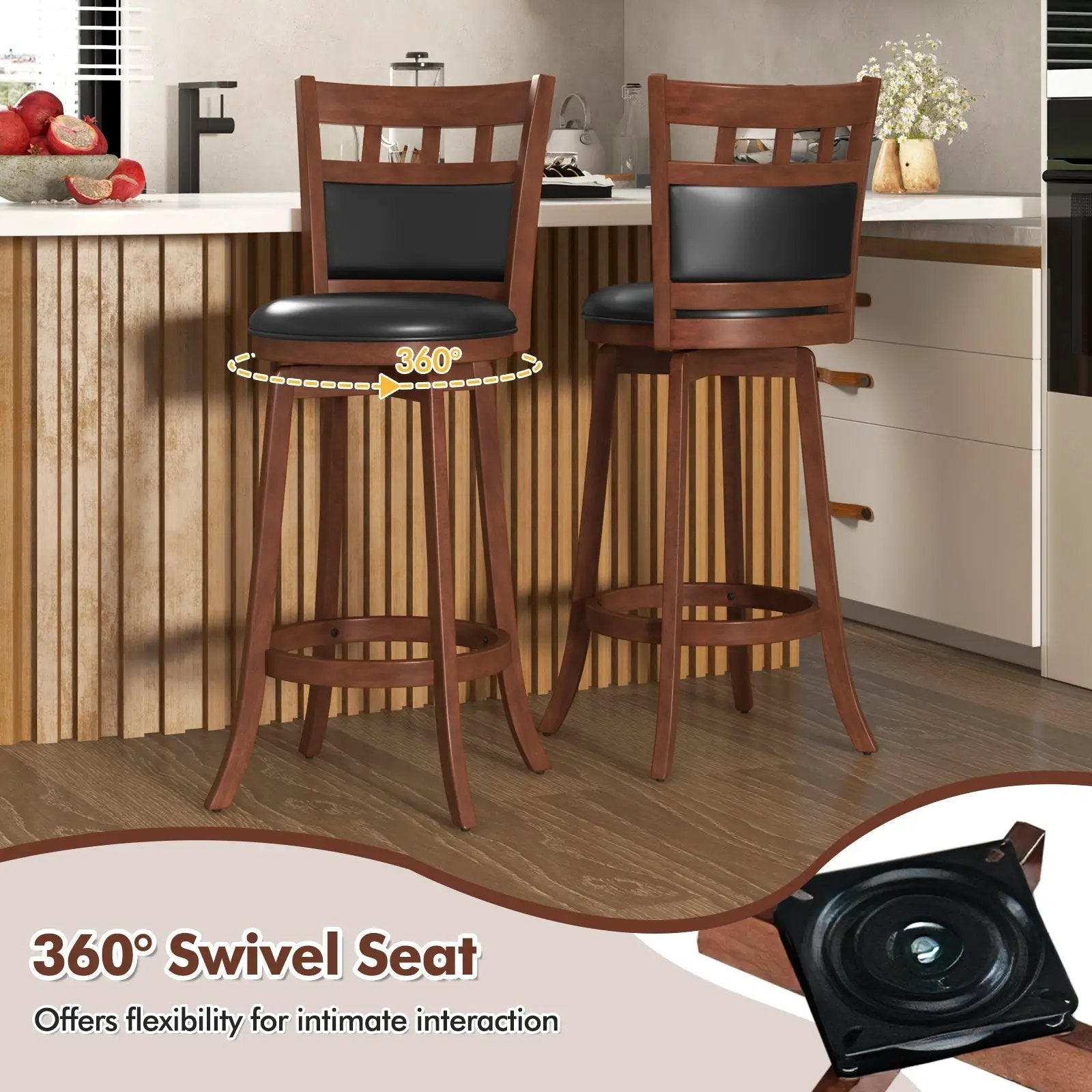 Wood Swivel Bar Stools Set of 2 with Faux Leather Upholstered Seat and Back-Brown by DirectDeals