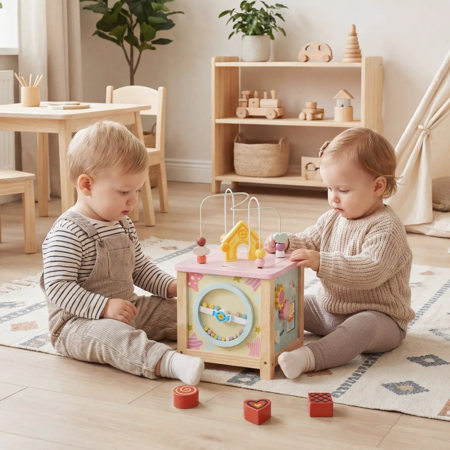 Wooden Activity Cube with Montessori Sensory Toys for Toddlers by DirectDeals