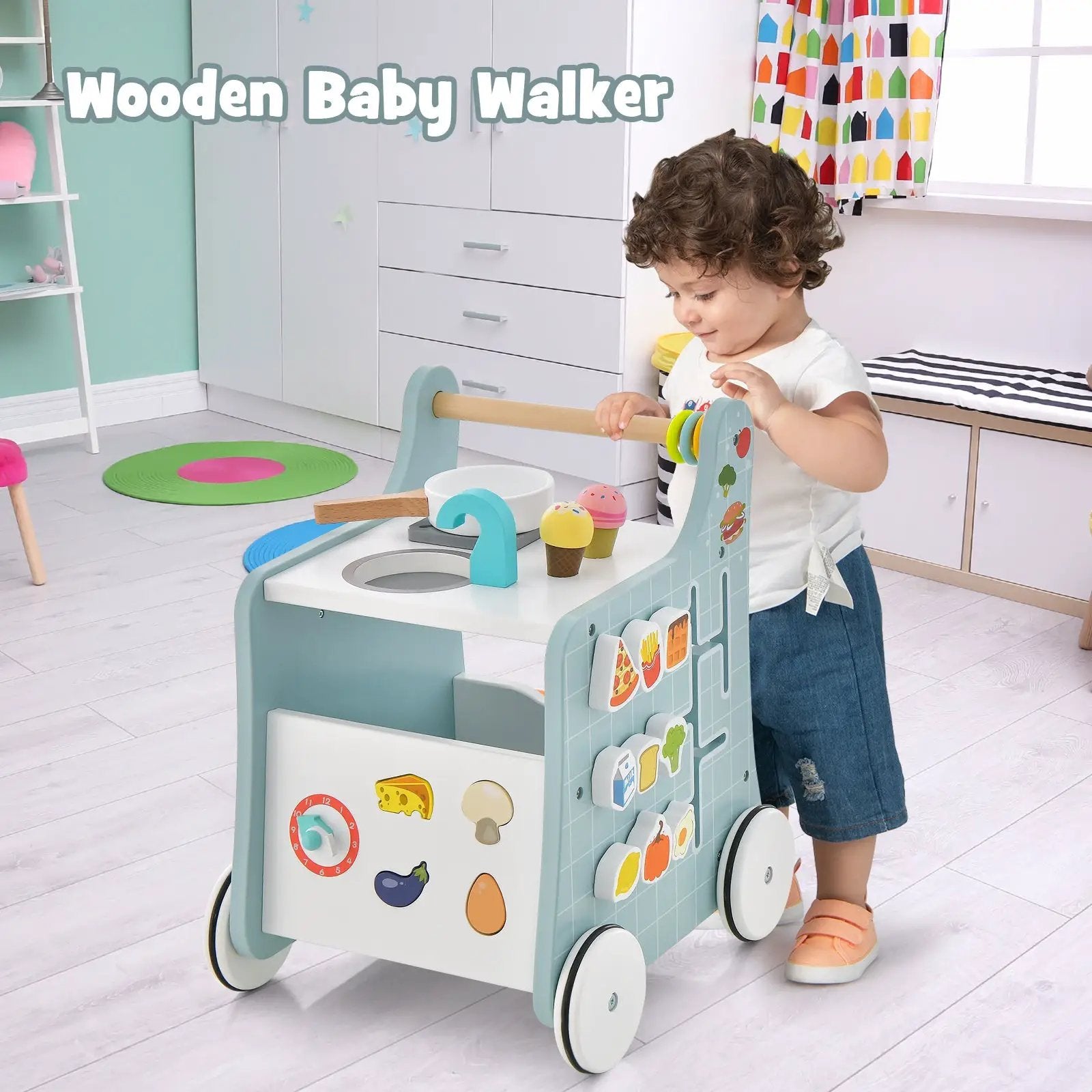 6-in-1 Wooden Baby Stroller with Play Kitchen for Kids Over 12 Months by DirectDeals
