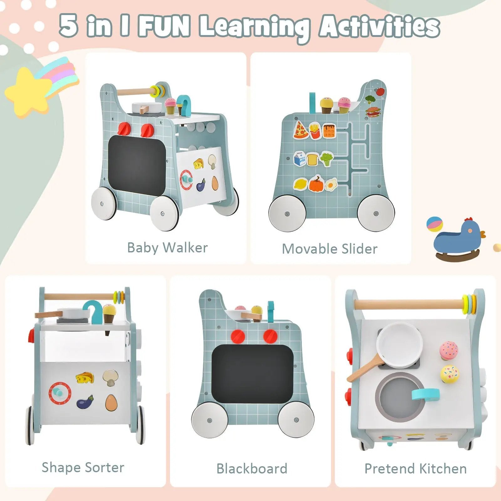 6-in-1 Wooden Baby Stroller with Play Kitchen for Kids Over 12 Months by DirectDeals