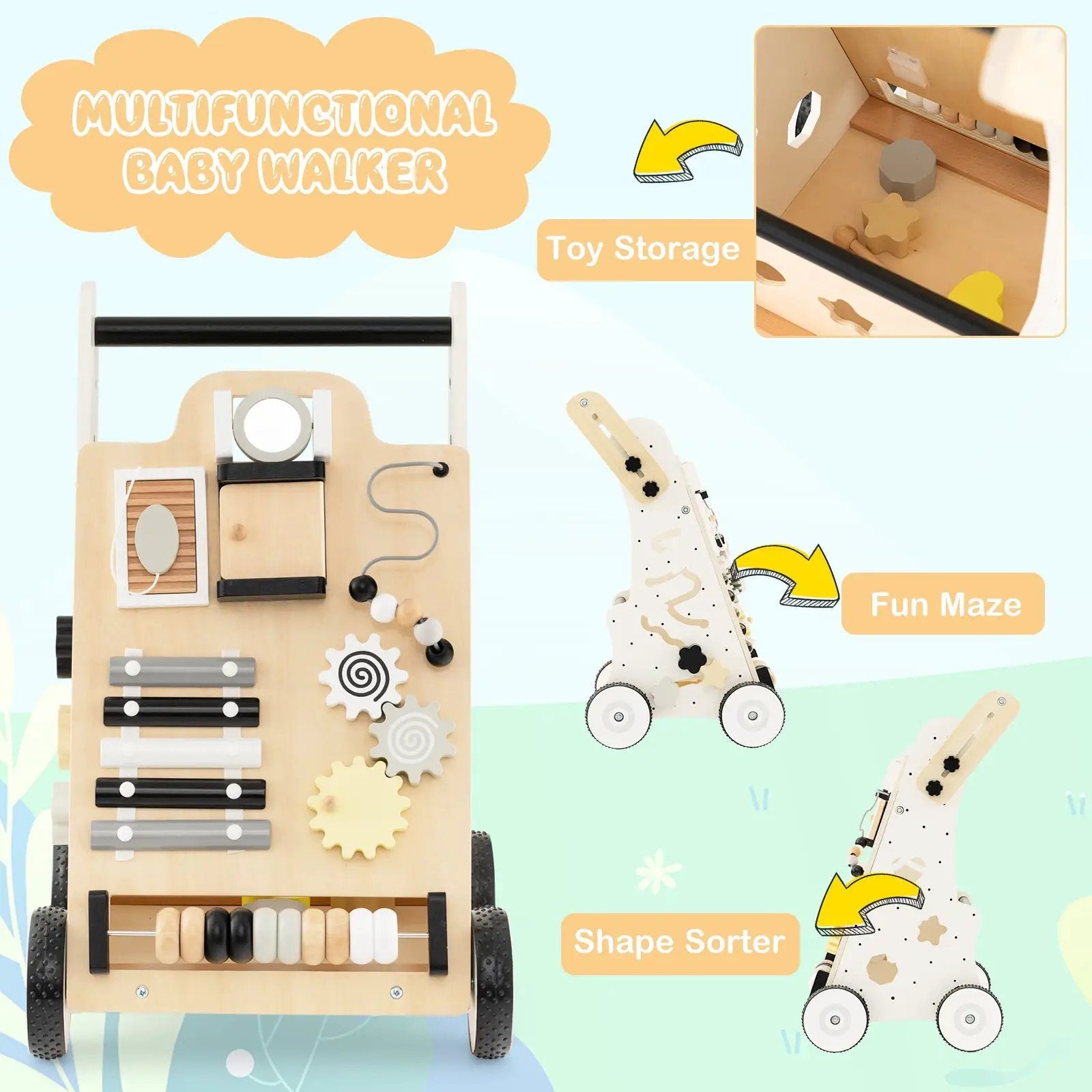 Wooden Baby Walker with Height Adjustable Handles by DirectDeals