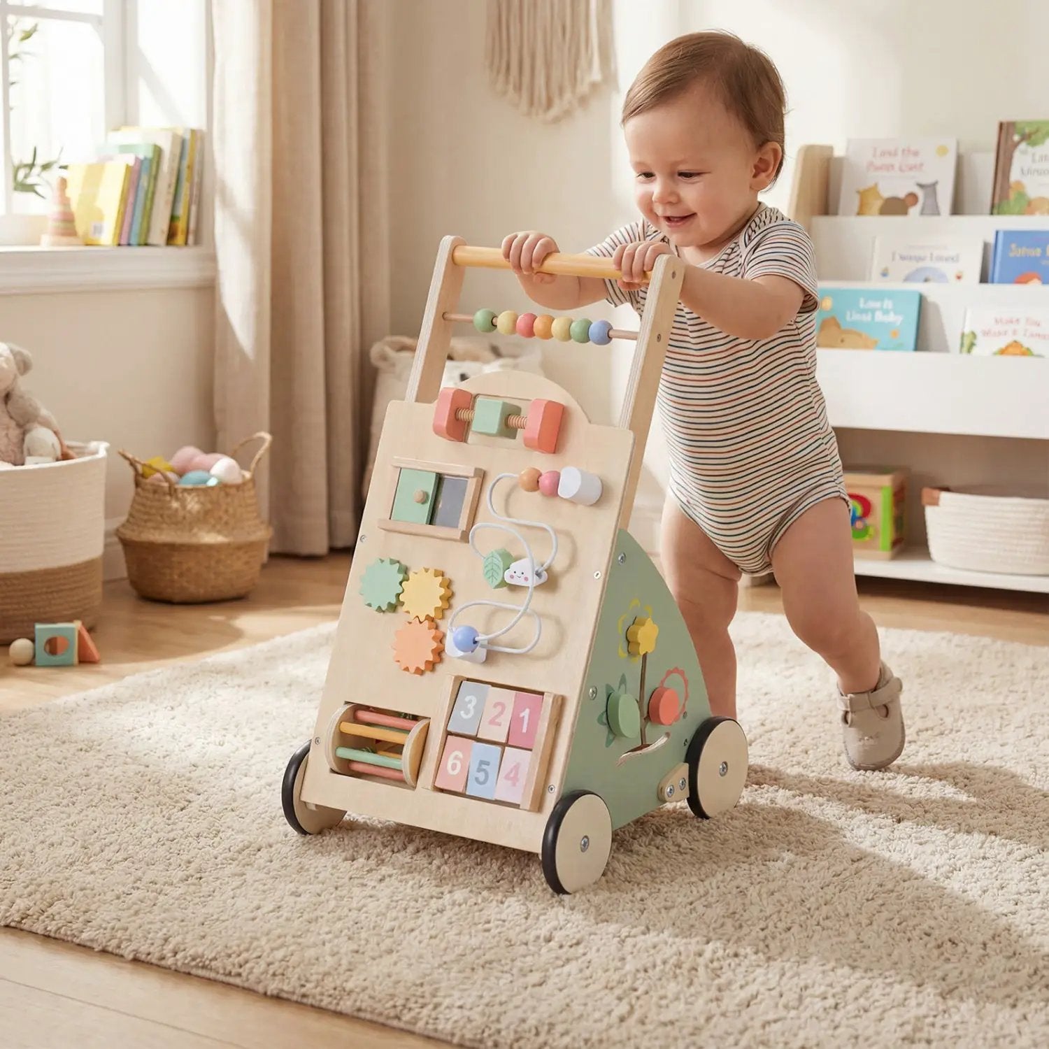 Wooden Baby Walker with Wheels and Storage Basket by DirectDeals