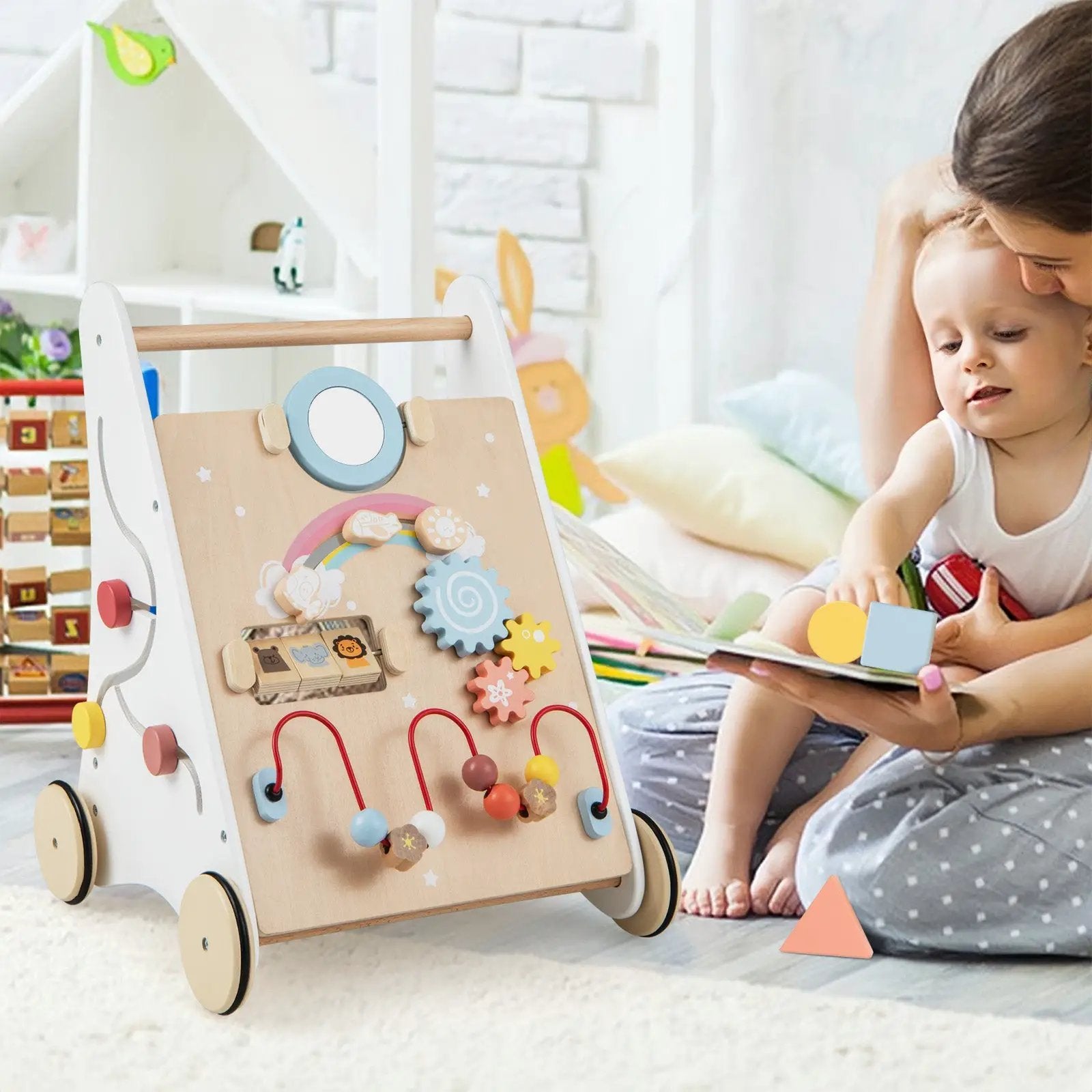Wooden Baby Walker with Multiple Activities Center for Over 1 Year Old-White by DirectDeals
