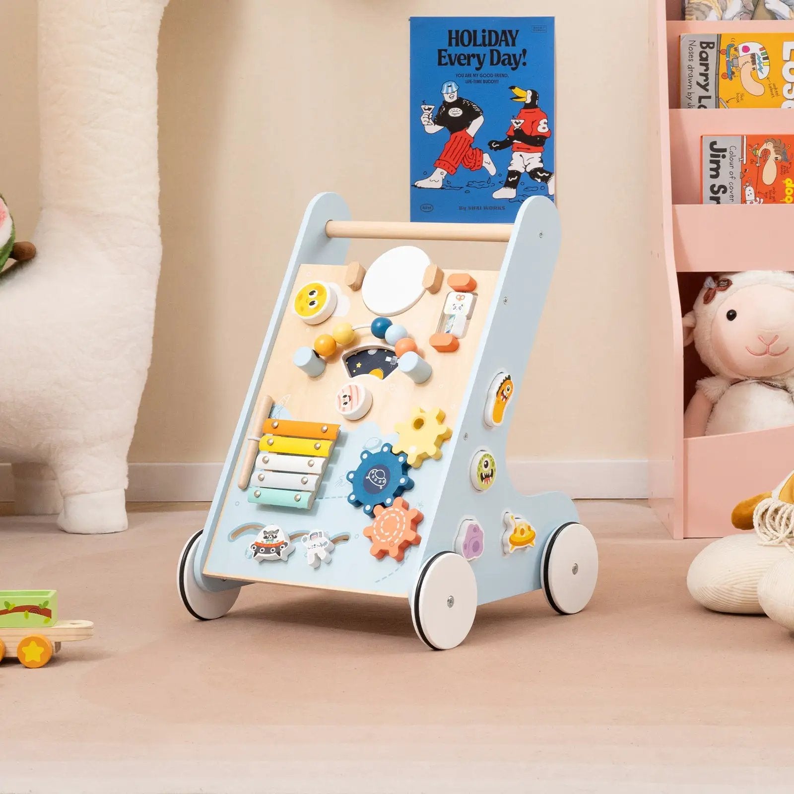 Wooden Baby Walker Push and Pull Learning Activity Center with Wheels for Toddlers 1+ Years Old by DirectDeals