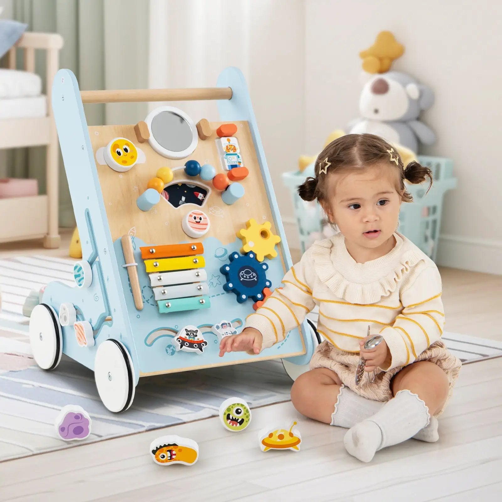 Wooden Baby Walker Push and Pull Learning Activity Center with Wheels for Toddlers 1+ Years Old by DirectDeals