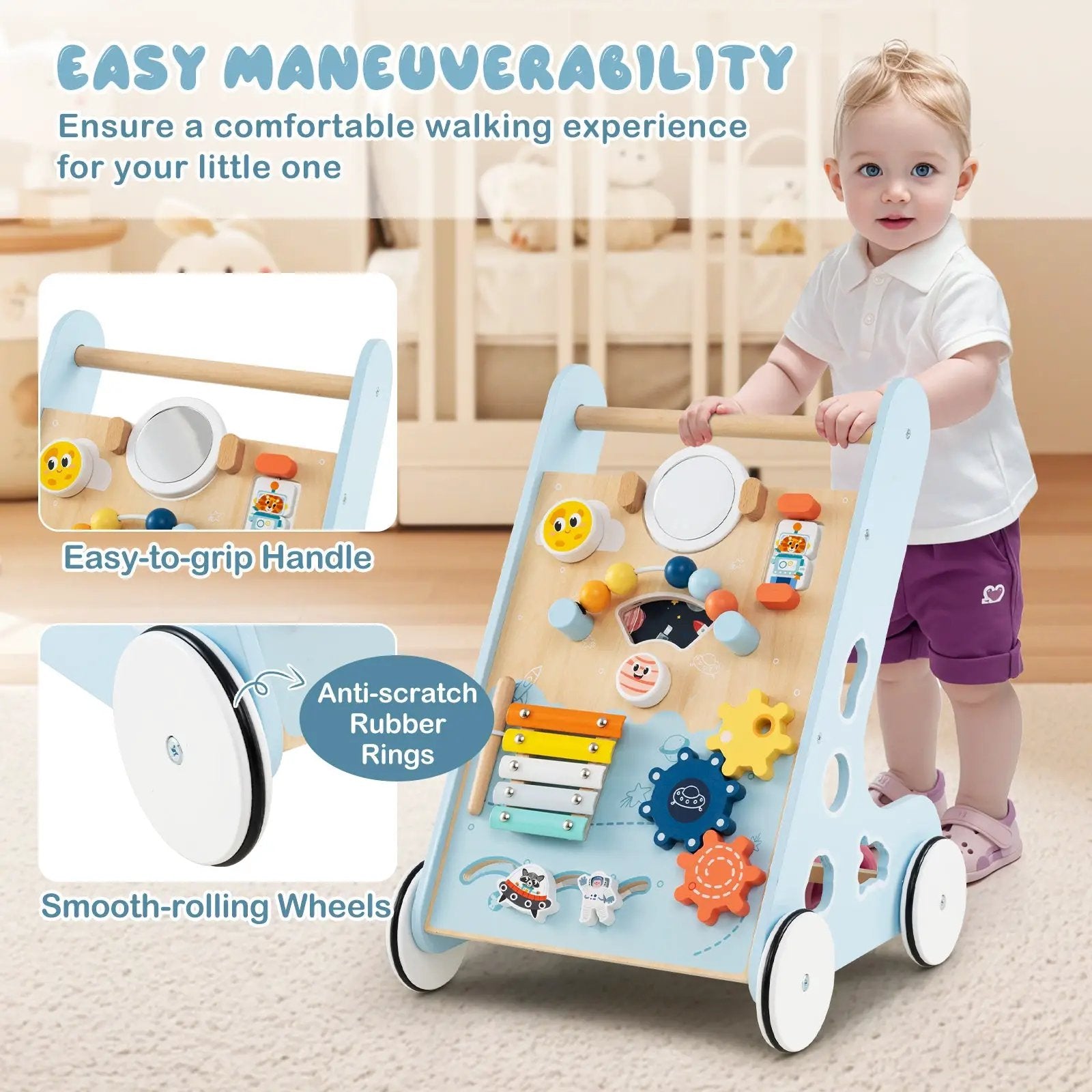 Wooden Baby Walker Push and Pull Learning Activity Center with Wheels for Toddlers 1+ Years Old by DirectDeals